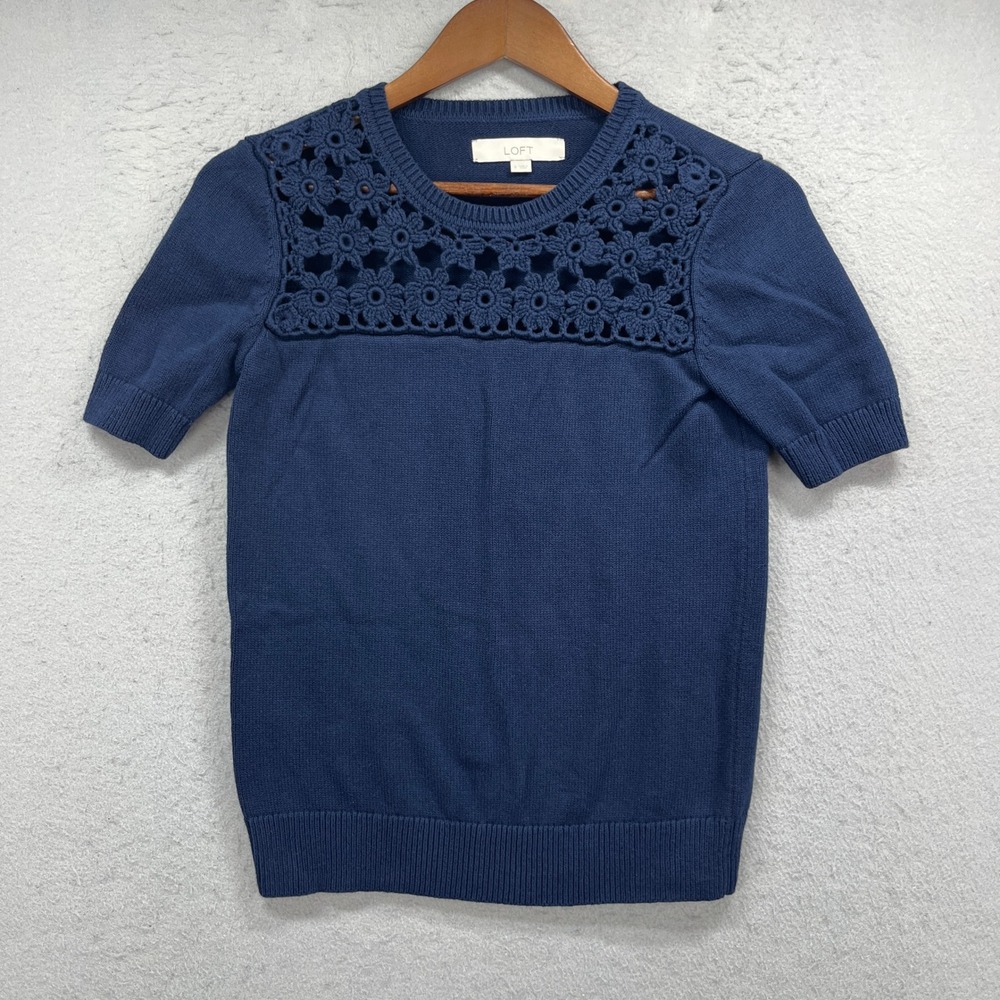 LOFT Sweater Womens Small Blue Crochet Floral Yoke Short Sleeve Cotton Knit Boho